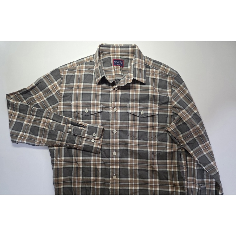 Untuckit Mens Size M Brown Plaid Long SLeeve‎ Button Up Shirt